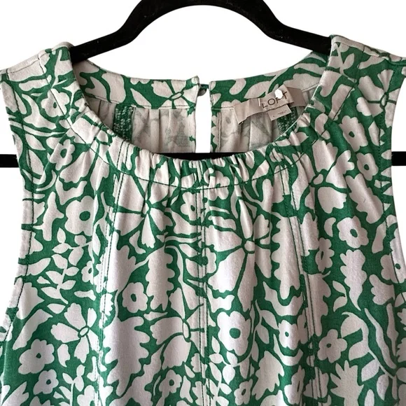 LOFT | NWOT FLORAL SEAMED MINI DRESS PURE COTTON JERSEY GREEN & WHITE | LARGE - Picture 3 of 10